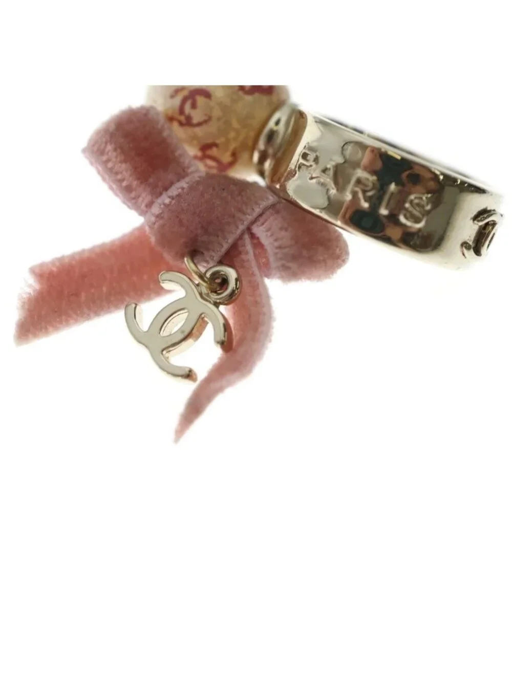 Chanel CC Logo Pearl Ribbon Ring Gold Pink